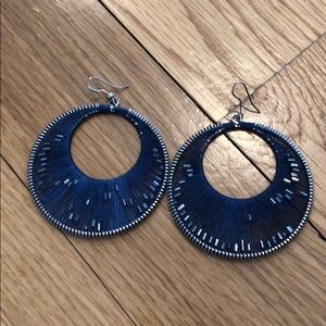 Navy Threaded/Beaded Hoop Earrings